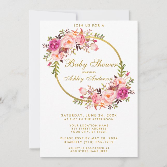 Watercolor Floral Pink Wreath Gold Baby Shower Invitation (Front)