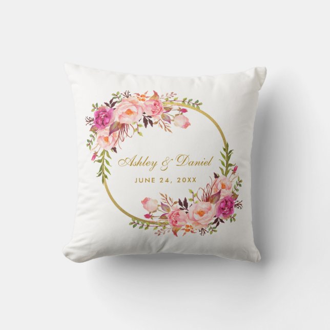 Watercolor Floral Pink Wreath Gold Wedding Cushion (Front)