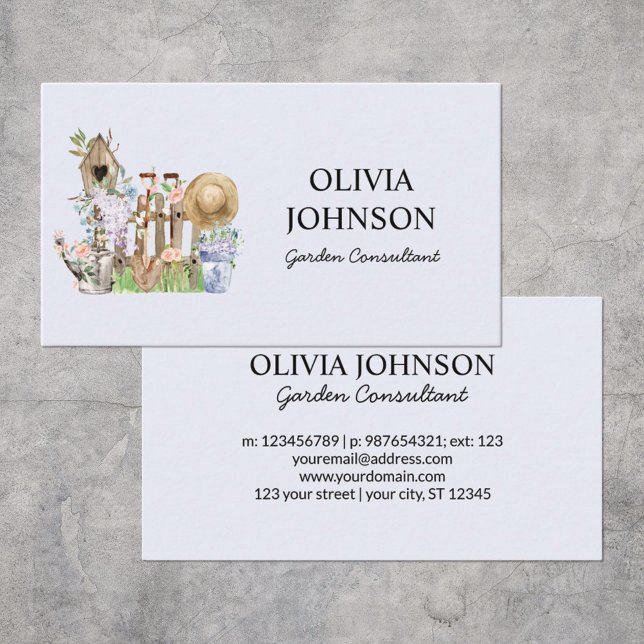 Watercolor Floral Plant Gardening Tools Business Card (Front and back)