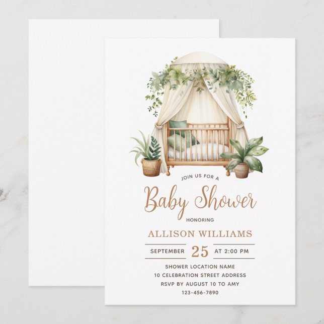Watercolor Floral Plant Gender Neutral Baby Shower Invitation (Front/Back)