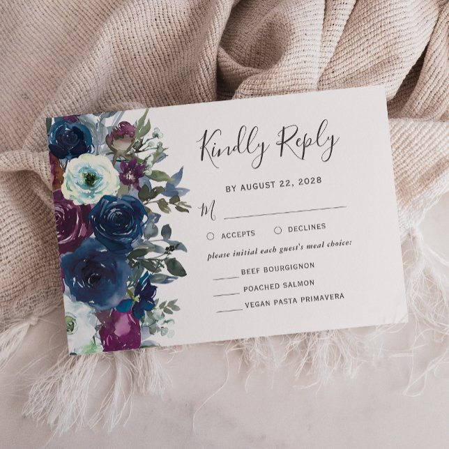 Watercolor Floral Plum Navy Blue Wedding RSVP Card (Creator Uploaded)