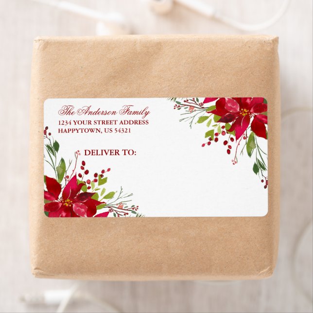 Watercolor Floral Poinsettia Holiday Red Mailing (Insitu)