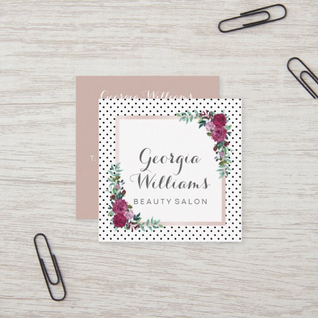 Watercolor floral polka dots square business card (Front/Back In Situ)