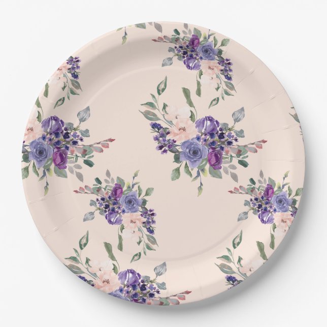 Watercolor Floral Pretty Flowers Purple Pink Paper Plate (Front)
