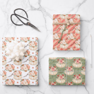 Watercolor Floral Pumpkin Birthday Baby Shower Wrapping Paper Sheet