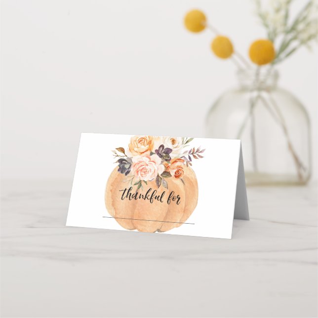 Watercolor Floral Pumpkin Fall Thanksgiving Place Card (Front)