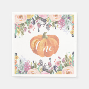 Watercolor Floral Pumpkin First Birthday Napkin