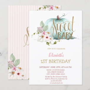 Watercolor Floral Pumpkin Striped Birthday Invitation