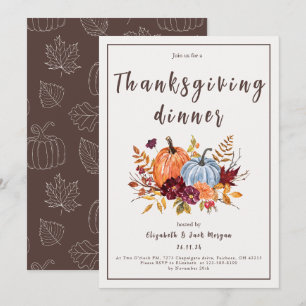 Watercolor Floral Pumpkin Thanksgiving Dinner Invitation