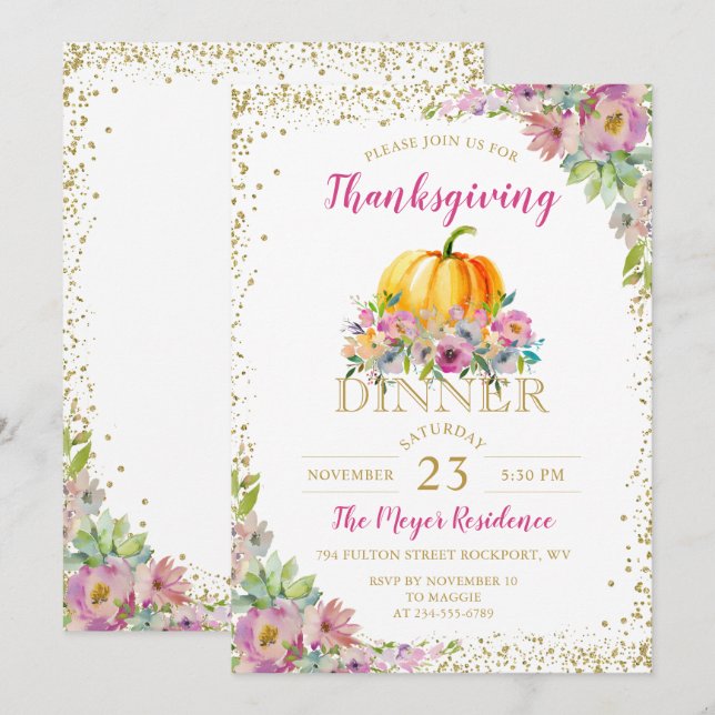 Watercolor Floral Pumpkin Thanksgiving Invitation (Front/Back)