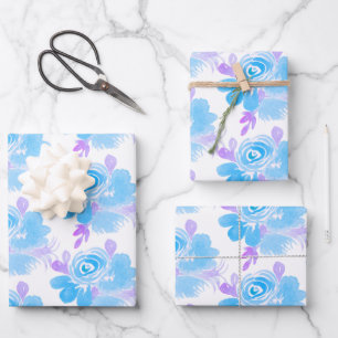 Watercolor Floral, Purple Blue Bright Hand Painted Wrapping Paper Sheet