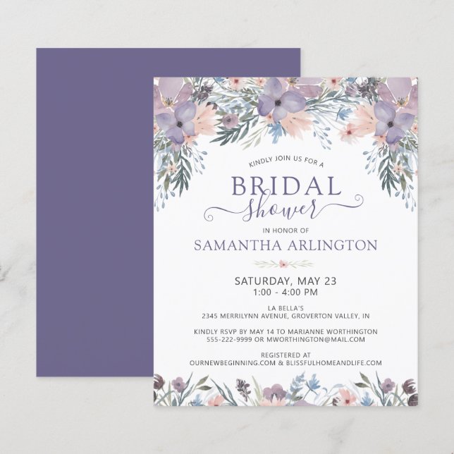 Watercolor Floral Purple Bridal Shower Invitation (Front/Back)