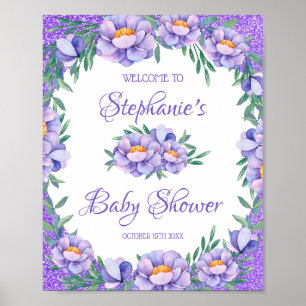 Watercolor Floral Purple Glitter Baby Shower Poster