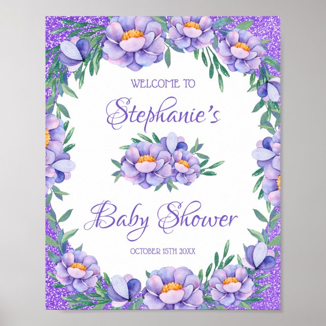 Watercolor Floral Purple Glitter Baby Shower Poster (Front)
