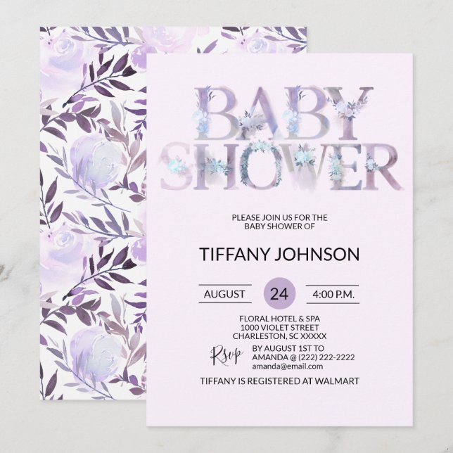 Watercolor Floral Purple Lavender Baby Shower Invitation (Front/Back)