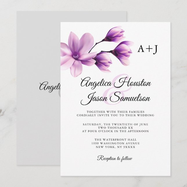 Watercolor Floral Purple Lavender Grey Wedding Invitation (Front/Back)