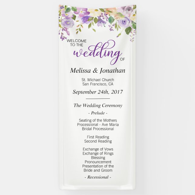 Watercolor Floral Purple Lavender Wedding Program Banner (Vertical)