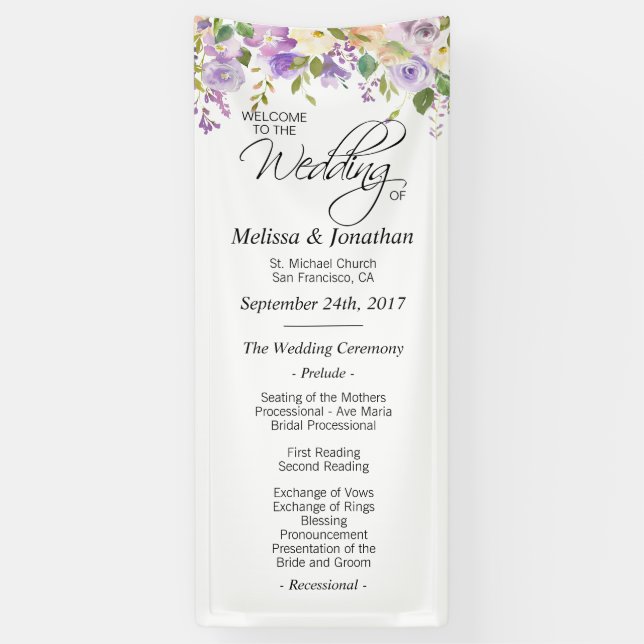 Watercolor Floral Purple Lavender Wedding Program Banner (Vertical)