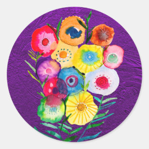 Watercolor floral purple lolly flowers classic round sticker