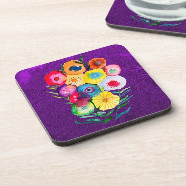 Watercolor floral purple lolly flowers coaster (Left Side)