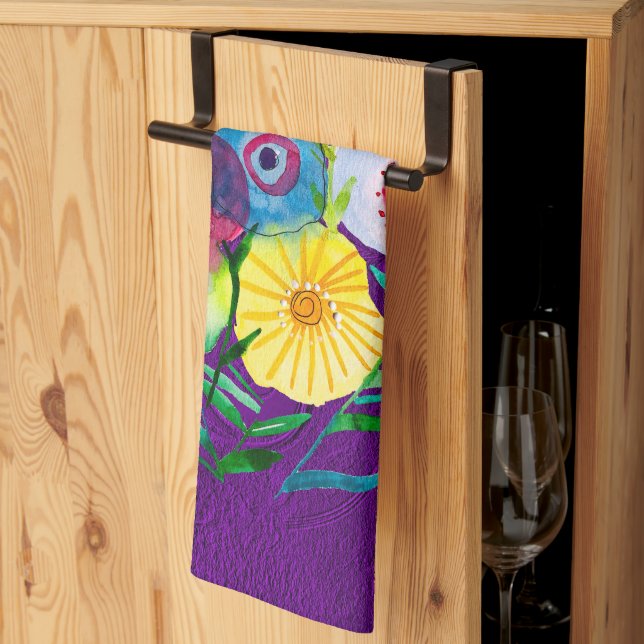 Watercolor floral purple lolly flowers tea towel (Thirds Fold)