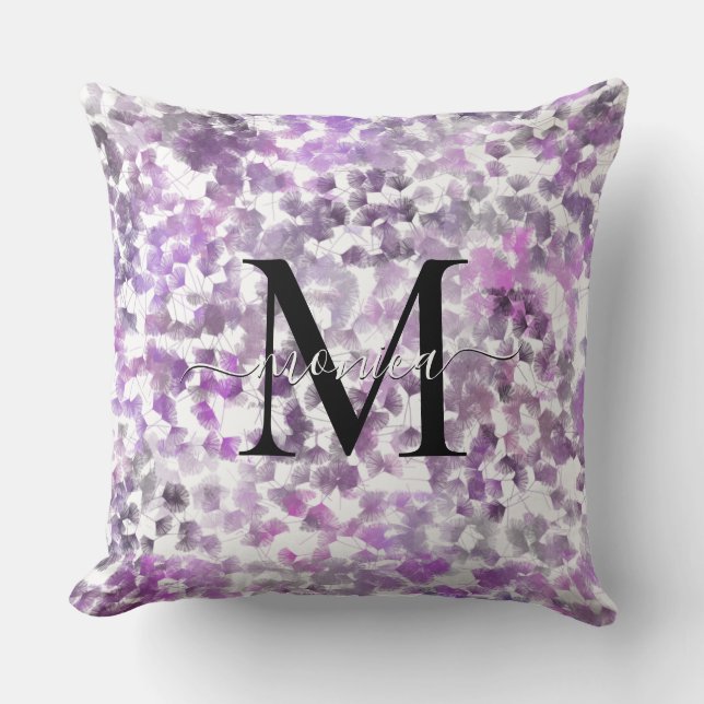 Watercolor Floral Purple Monogrammed  Cushion (Front)