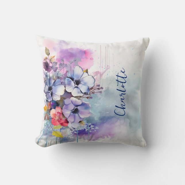 Watercolor Floral Purple Personalised Cushion (Front)