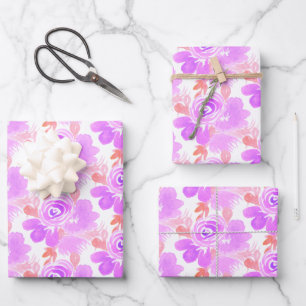 Watercolor Floral, Purple Pink Hand Painted Wrapping Paper Sheet