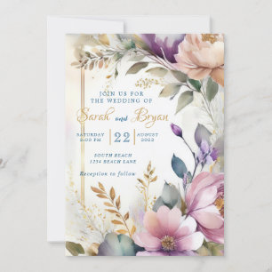 Watercolor Floral Purple Pink Wedding Invitation