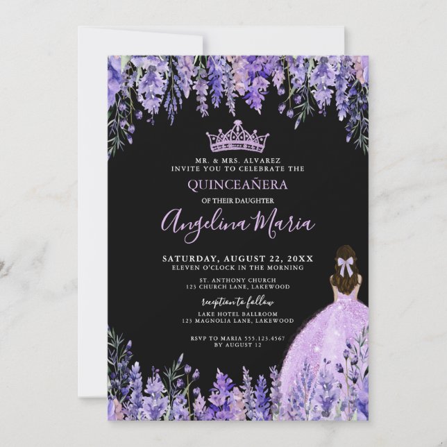 Watercolor Floral Purple Quinceanera Invitation (Front)