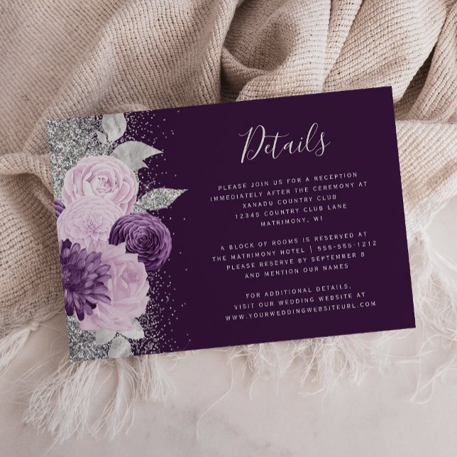 Watercolor Floral Purple Silver Wedding Details Enclosure Card (Creator Uploaded)