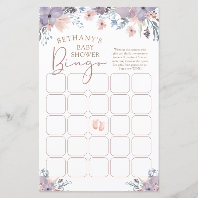 Watercolor Floral Purple Violet Baby Shower Bingo (Front)
