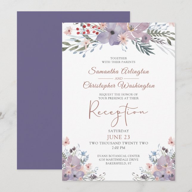 Watercolor Floral Purple Wedding Reception Invitation (Front/Back)
