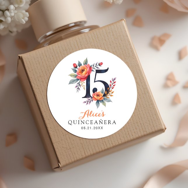 Watercolor Floral Quinceanera 15th Birthday Classic Round Sticker (Creator Uploaded)