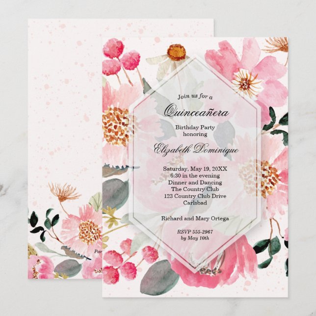 Watercolor Floral Quinceañera Birthday Invitations (Front/Back)