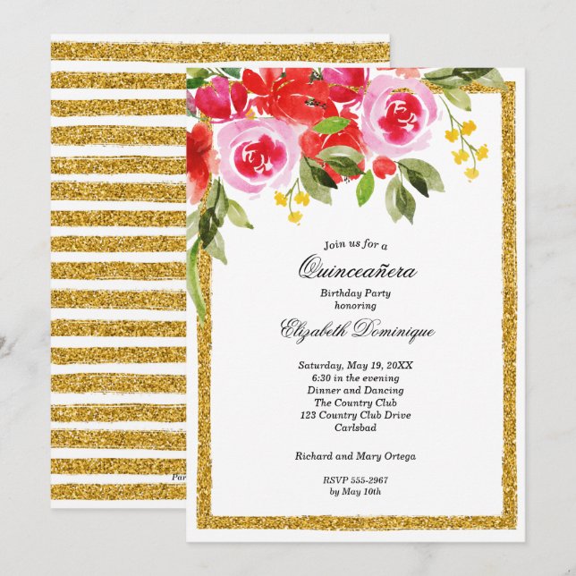 Watercolor Floral Quinceañera Birthday Invitations (Front/Back)