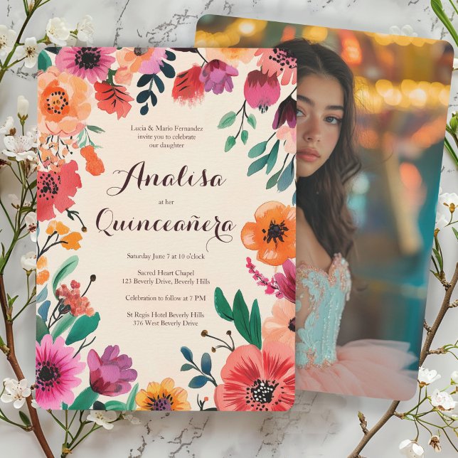 Watercolor Floral Quinceañera CUSTOM Photo Invitation (Watercolor Floral Quinceañera CUSTOM Photo Invitation
)