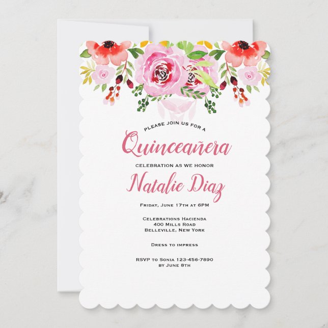 Watercolor Floral Quinceañera Invitation (Front)