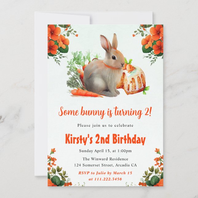 Watercolor Floral Rabbit and Carrots 2nd Birthday Invitation (Front)