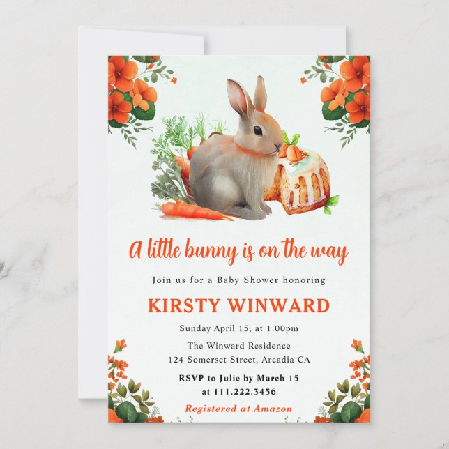 Watercolor Floral Rabbit and Carrots Baby Shower Invitation (Front)