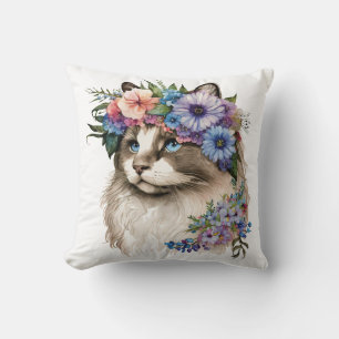 Watercolor Floral Ragdoll Cat Personalized  Cushion