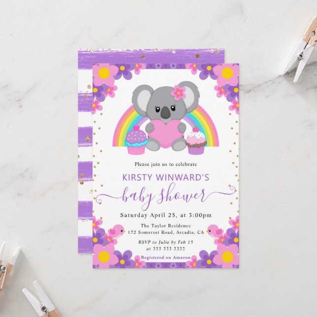Watercolor Floral Rainbow Koala Baby Shower Invitation (Front/Back In Situ)