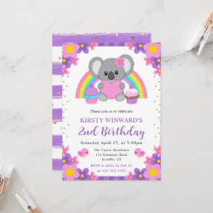 Watercolor Floral Rainbow Koala Birthday Invitation