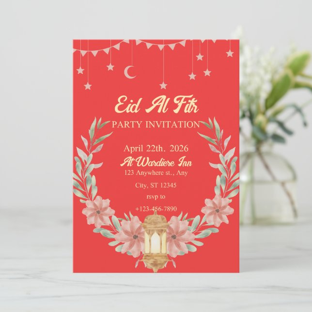 Watercolor Floral Red Background Invitation (Standing Front)