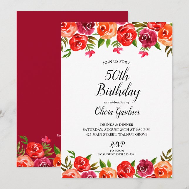 Watercolor Floral  Red Orange Birthday Invitations (Front/Back)