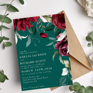 Watercolor floral Red roses Emerald green wedding Invitation