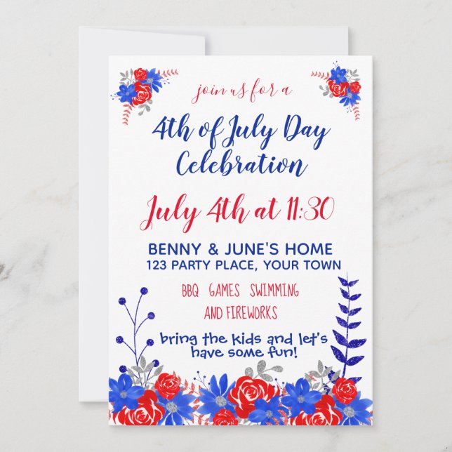 Watercolor Floral Red White Blue Modern Invitation (Front)