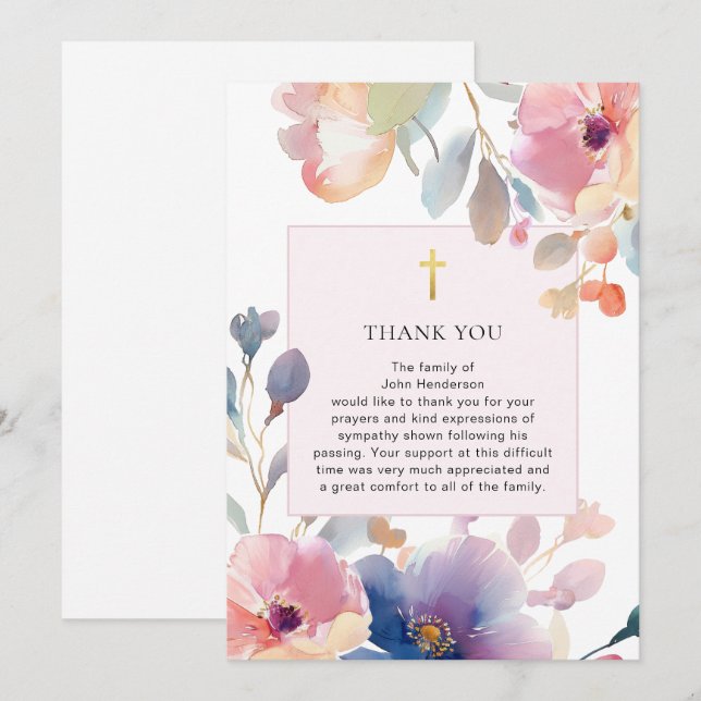 Watercolor Floral Religious Funeral Thank You Card (Front/Back)