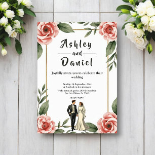 Watercolor Floral Romantic Bride And Groom Wedding Invitation
