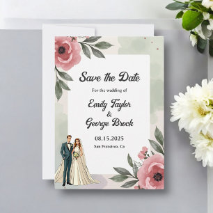 Watercolor Floral Romantic Couple Summer Wedding Save The Date